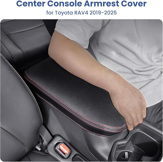 Center Console Cover for Toyota RAV4 2019-2025, Upgraded PU Leather Armrest Cover for RAV4 Adventure/Hybrid/XLE/LE/Limited/TRD Off-Road/Premium/XLE Premium (Red Stitching)