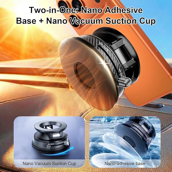 Black Magnetic Phone Holder for Car, Vacuum Suction & 3000gf Magnet, 360° Adjustable Dashboard Mount, Compatible with iPhone & Android