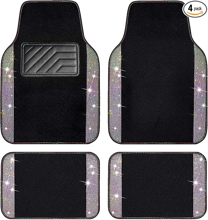 CAR PASS Iridescent Bling Rhinestones Diamond Car Floor Mats Waterproof, Anti-Slip PVC Heel Pad, Universal for Automotive SUV,Sedan,Van,4pcs Girl Women Lady Sparkly Shining Multicolor Colorful Crystal