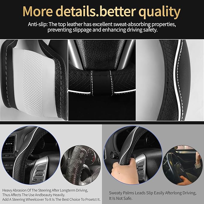 Leather Car Steering Wheel Cover,Anti-Slip, Safety,Soft,Breathable,Heavy Duty,Thick,Full Surround, Sports Style,Universal Car Accessories for Women Men Fit 14" 1/2-15"(Black with White line)