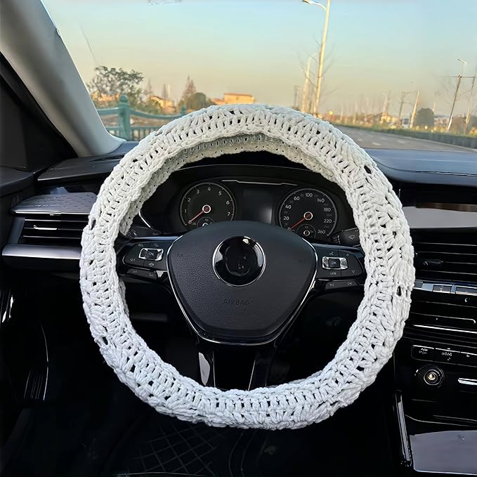 Crochet Steering Wheel Cover, Sunflower Steering Wheel Cover, 14-15 inch, Universal fit, Boho Car Accessories, for Men, Women and Girly, White (A Wheel Cover)