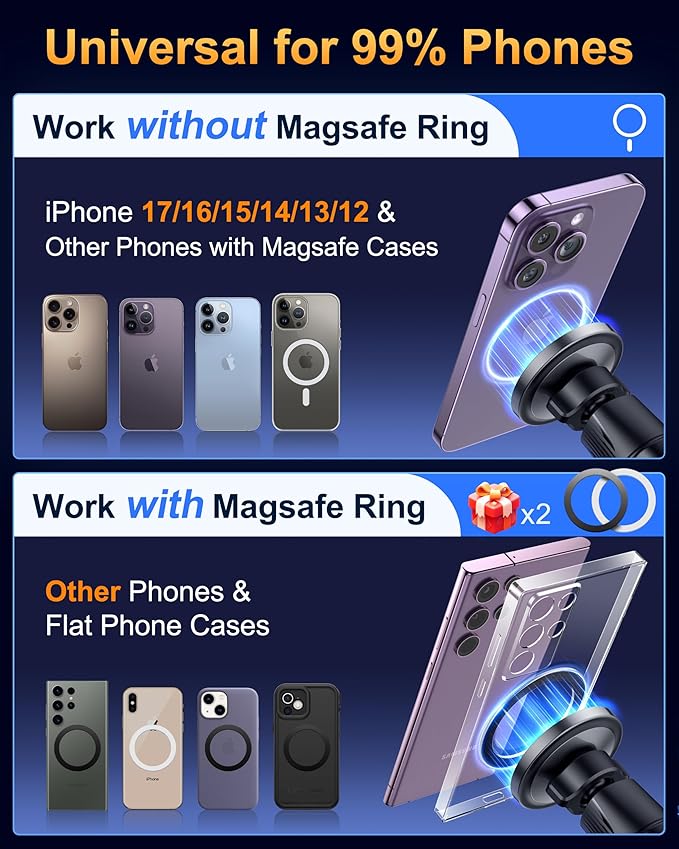 HTU [2026 True Military-Grade] Magnetic Car Mount Vent [Upgraded Strongest Magnet & Metal Hook] for MagSafe Phone Holder Car for iPhone 17 16 15 14 13【Patent & Safety Cert】, Non-Charging, Royal Blue