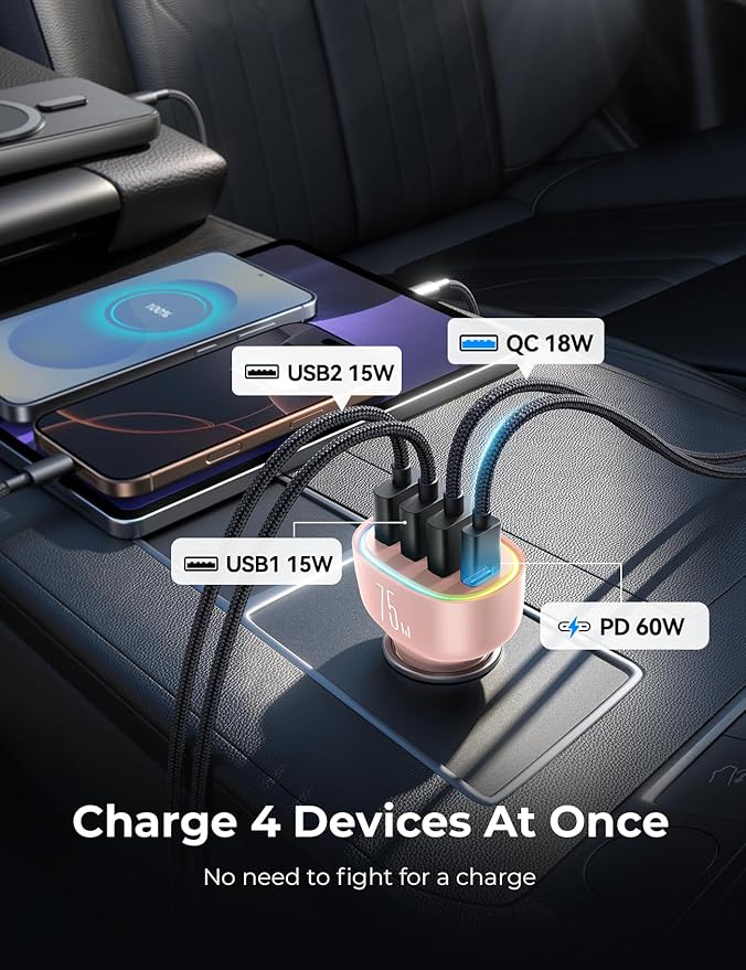 75W Car Charger USB C, 4 Port Super Fast Cigarette Lighter USB Charger, Type C 60W & QC 3.0 Multiport Car Phone Adapter Accessories for iPhone 17/16/15/14/13/12 Pro Samsung S26 Series, Pink