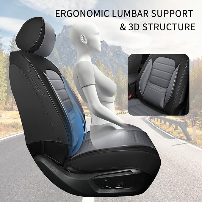 Car Seat Covers Front Seats, 2Pcs Universal Faux Leather Front Seat Covers for Cars, Waterproof Automotive Seat Covers Breathable Seat Cover for Most Sedans, Trucks, SUV (Black Gray)