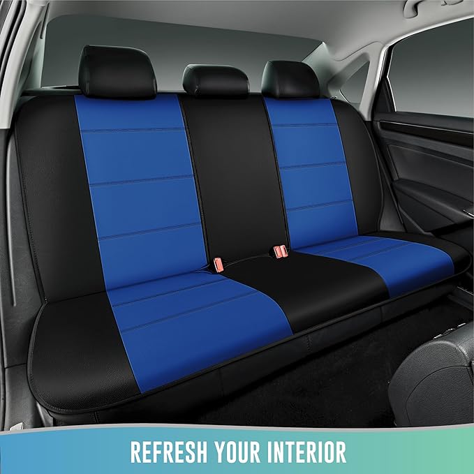 Road Comforts Car Seat Cover, Leather Car Seat Cover Full Set, Automotive Front Rear Seat Covers, Airbag Compatible Universal Fit for Most Cars (Blue)