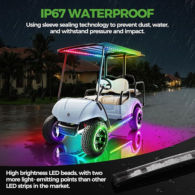 10L0L 6PCS Golf Cart Underglow LED Light Strip Kit with Canopy Lights, 22 Dream Color Modes Underglow LED Light Strip Control Music Sync IP67 12V-80V Input for Yamaha EZGO Club Car