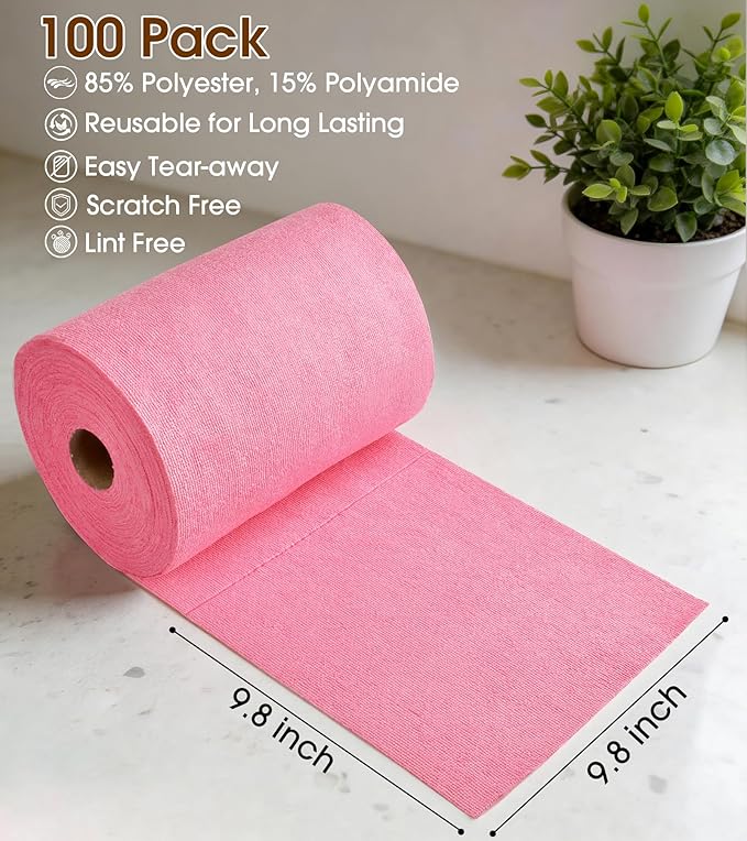 KitchLife Microfiber Cleaning Cloth Roll, 100 Pack - Tear-Away Microfiber Paper Towels, Lint-Free, Reusable, Washable for Kitchen, Car, Dishes, and Sensitive Surfaces (Pink)