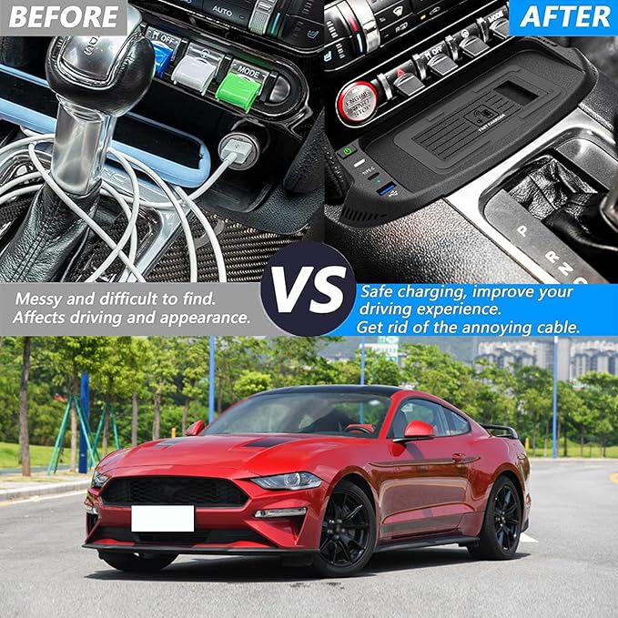 CenNa Wireless Car Charger for Ford Mustang (2015-2023) All Models Accessory with 15w Wireless and USB Qc3.0+Type-C Fast Charging Gift for Family