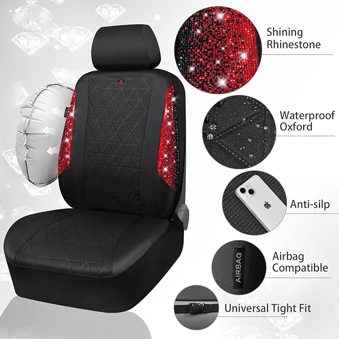 CAR PASS Oxford Bling Diamond Car Seat Covers Full Set Interior Sets, Waterproof Shining Glitter Sparkly Crystal Universal Armrest Fit 95% Automotive Truck SUV Cute Women Girl, Black Red Rhinestone