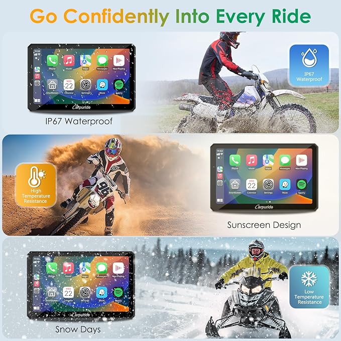 Carpuride W712D Motorcycle Carplay Screen with HD 1080 Dual Dash Cam, Wireless Car Play and Android Auto, 7" Waterproof Rotatable Navigation Touchscreen, Loop Recording, Bluetooth, Wired Controller