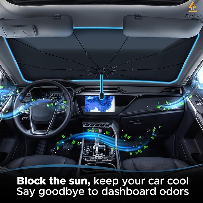 EcoNour Car Windshield Sun Shade | Foldable Car Umbrella Sun Shade | Windshield Cover Sunshade Blocks UV Rays | Sun Visor Protector | Automotive Interior Sun Protection Accessories (Medium 53" x 30")