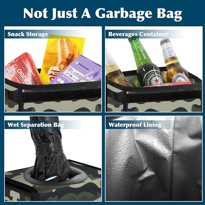 Car Trash Can Leak Proof Car Trash Bag Waterproof Car Garbage Can with Lid for SUV Front Seat Multipurpose Car Hanging for Headrest Collapsible and Portable with Storage Mesh Pocket– Camouflage