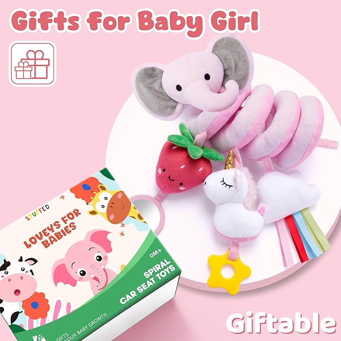 Spiral Car Seat Toys for Baby Girls 0-6 Months, Cute Pink Elephant Strawberry Stuff, Perfect Newborn Shower Gifts for Girls Essentials