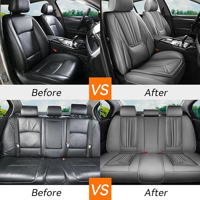Car Seat Covers, Premium Leather Car Seat Covers, Waterproof and Breathable Seat Covers, Universal Car Seat Protector Fit for Cars, Trucks, SUVs, Pick-ups (Gray, FullSet)