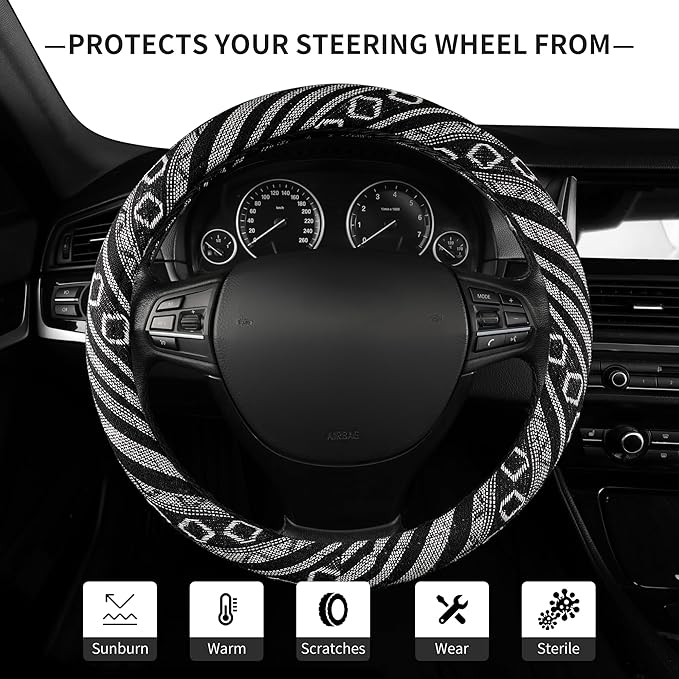 GXT 15 inch New Baja Blanket Car Steering Wheel Cover Universal Fit Most Cars Automotive Ethnic Style Coarse Flax Cloth (Black White)