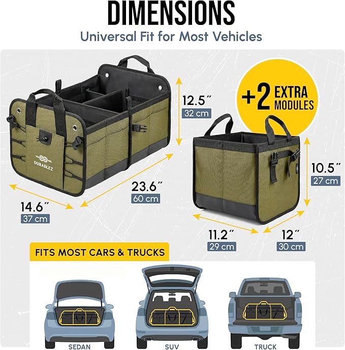 5-Section Extra Large Trunk Organizer – Heavy Duty 1680D Oxford, Collapsible & Foldable Car Cargo Organizer, Modular Multi-Shape Storage System for SUV, Truck, Van – Military Green