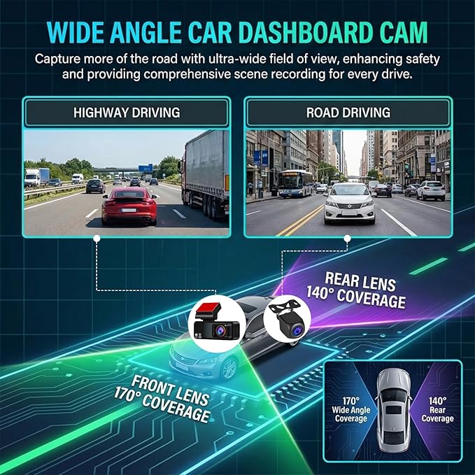 4K Dash Cam Front and Rear, NHOPEEW 3.16" Screen Dual Dash Camera for Cars with WiFi & GPS, Night Vision, 170°Wide Angle Car Dashboard Cam, G-Sensor, Loop Recording, 64GB Card Included