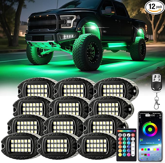 12 Pods Alloy RGBW LED Rock Lights for ATV UTV Golf Cart RZR RV Boat Semi Truck Offroad SUV Cars, Waterproof Multicolor Neon Underglow Chassis Lighting with APP/RF Remote Music Mode, Underbody Light