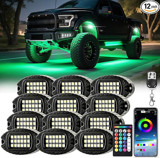 12 Pods Alloy RGBW LED Rock Lights for ATV UTV Golf Cart RZR RV Boat Semi Truck Offroad SUV Cars, Waterproof Multicolor Neon Underglow Chassis Lighting with APP/RF Remote Music Mode, Underbody Light