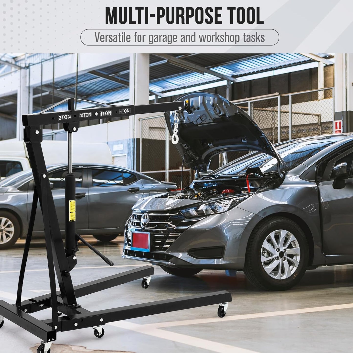 2 Ton Engine Hoist, Hydraulic Cherry Picker Engine Hoist Lift, 4400LBS Heavy Duty Crane Lifter with 6 Casters and Telescopic Boom, Foldable & Portable Design, for Garage, Workshop, Warehouse (Black)