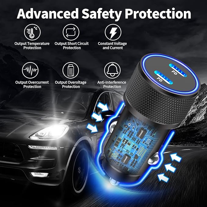 【MFi Certified】iPhone Car Charger Fast Charging, Linocell 60W Dual USB C Car Power Cigarette Lighter Car Carplay Charger with 2Pack Type C to Lightning Braided Cable for iPhone 14 13 12 11 Pro XS iPad