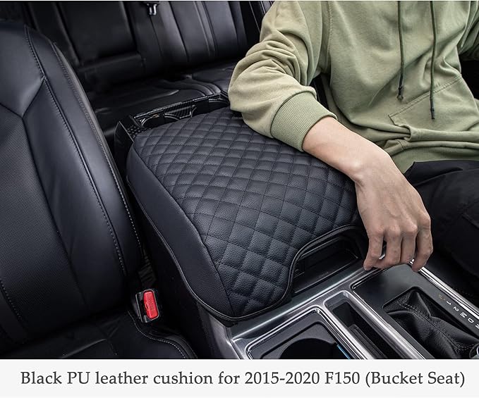 JDMCAR Center Console Cushion Compatible with 2015-2020 Ford F150 / 2017-2022 F250 F350 F450 and 2018-2024 Expedition Accessories, Customized PU Leather Armrest Cover Protector (Bucket Seat Only)