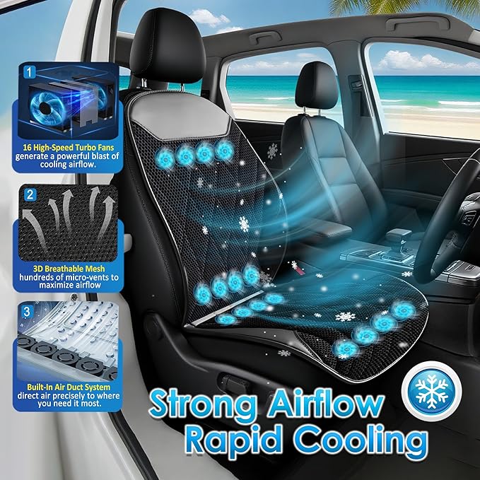 3-in-1 Cooling Car Seat Cushion with Massage, 16 Fans Ventilated Seat Cooler, 12V Front Seat Summer Cooling Seat Cover for Car SUV Truck, Fits All Seasons (Black)