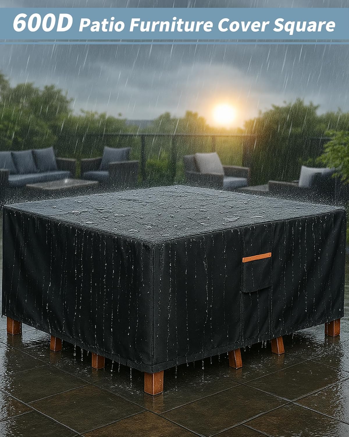 Outdoor Waterproof Furniture Cover, 74W x 74L x 28H inches Heavy Duty 600D Square Table and Chair Set Protection, Black