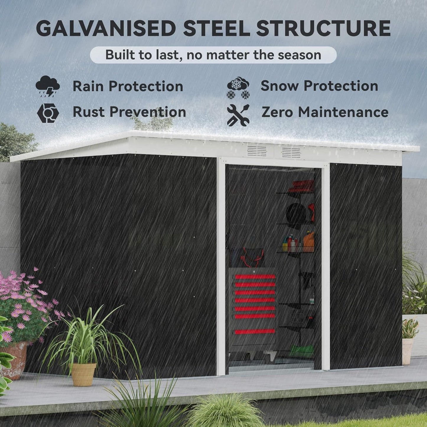 Outsunny 9' x 4' Outdoor Storage Shed, Metal Garden Tool House with Sloping Roof and Lockable Door for Backyard, Bike, Patio, Garage, Lawn, Gray