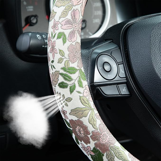 Retro Pink and Purple Flowers Steering Wheel Cover Auto Jacquard Steering Wheel Protector, Anti-Slip, Breathable, Absorbing Sweat, Universal Car Accessories 14.5–15 inch,Fit for Most Car, Trucks, SUV