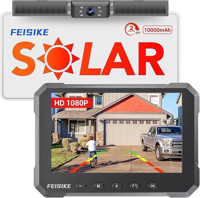 FEISIKE Solar Wireless Backup Camera with 5" 1080P Monitor, 10000mAh Rechargeable Battery, 2-Minute DIY Installation, IP69K Waterproof for Car, Truck, SUV, Van, Trailer