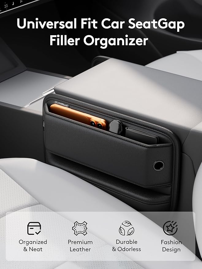 Car Seat Gap Filler with Sun Visor Organizer, Leather Seat Gap Organizer for Phone, Cards, Keys and Sunglasses, Front Seat Storage for Most Cars, SUVs and Trucks