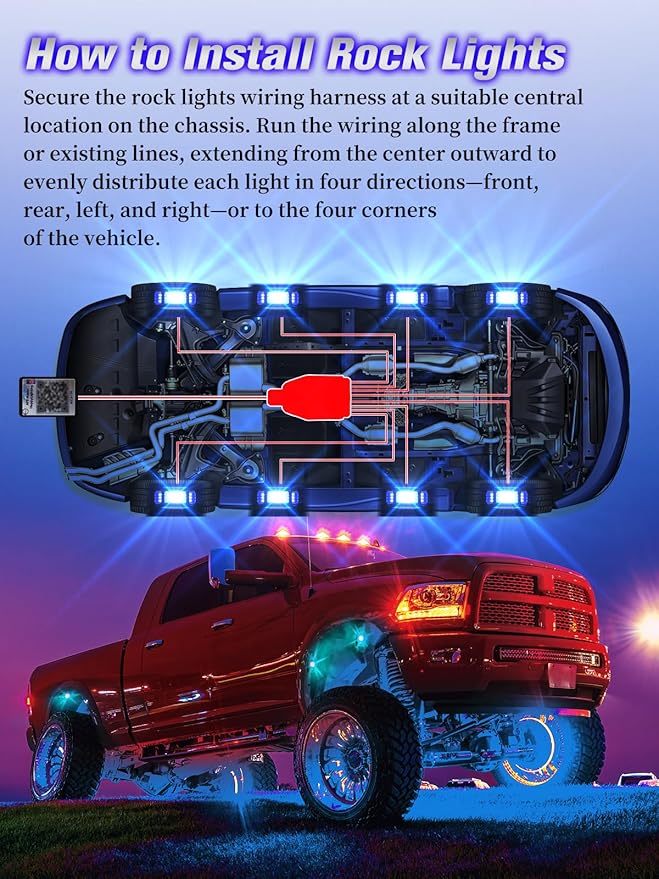 8 Pods 5-Sides Full Angle RGB LED Rock Lights High Brightness 36 Beads RGB 5050 IP68 Waterproof Underglow Multicolor Zone Neon Exterior Rock Lights for 12V Trucks Jeep UTV ATV RZR Offroad Pickup SUV