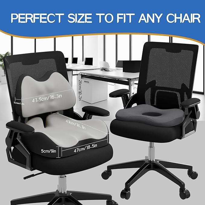 Benazcap Large Memory Foam Seat Cushion Lumbar Support Pillow for Sciatica & Tailbone Pressure Relief Coccyx Pad for Office Chair, Wheelchair, Car, Home, Office, Grey