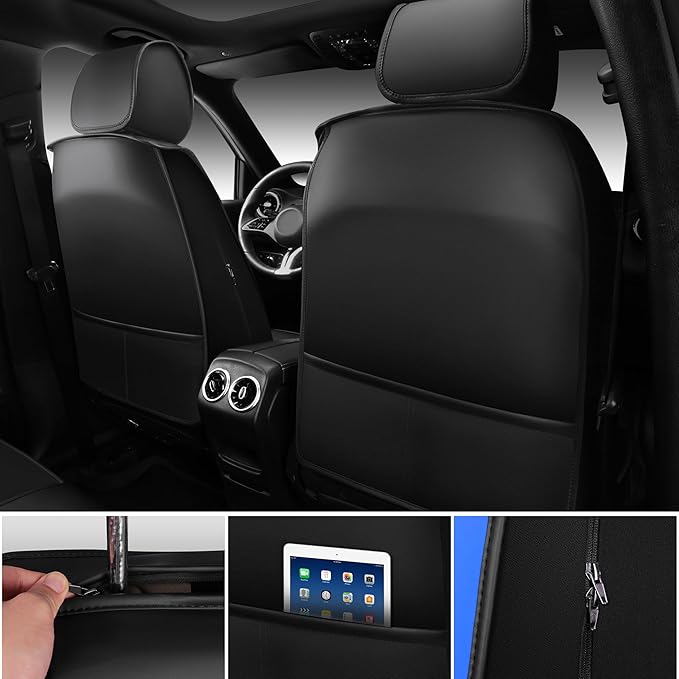 CAR PASS Nappa Leather Car Seat Covers Full Set, Luxury Seat Protector for Cars, Waterproof Anti-Slip Seat Cushion Armrest Compatible Airbag Universal for Sedan SUV Pick-up Truck Auto, Black Blue