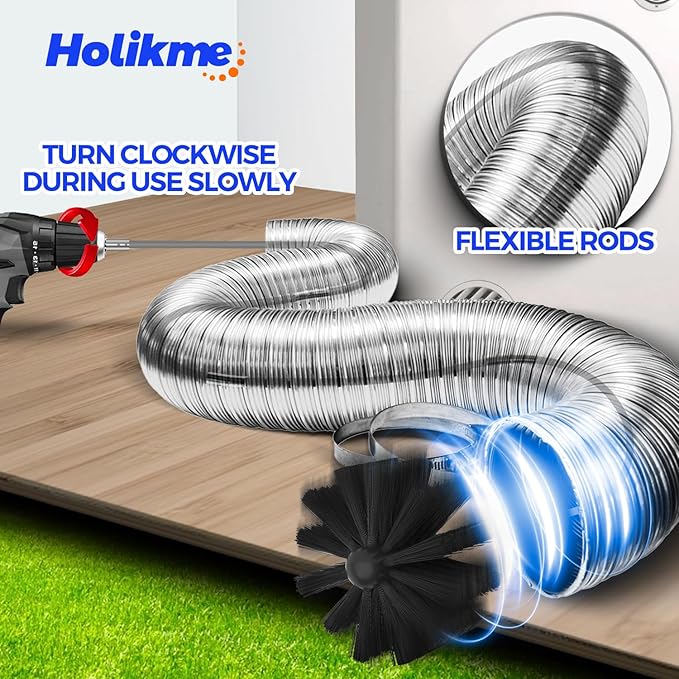Holikme 15 Feet Dryer Vent Cleaner Kit, Lint Remover, Extends Up to 15 Feet, Synthetic Brush Head, Use with or Without a Power Drill,Gray