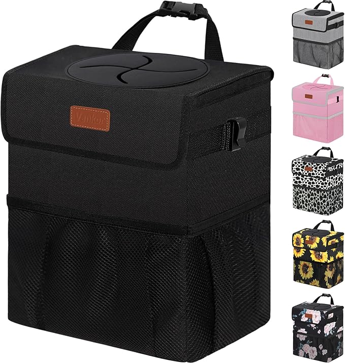 4.2 Gallons Car Trash Can with Lid, Bag Bin Hanging Waterproof Automotive Car Garbage Cans Leak Proof Vehicle Trash Can for Truck SUV,Black