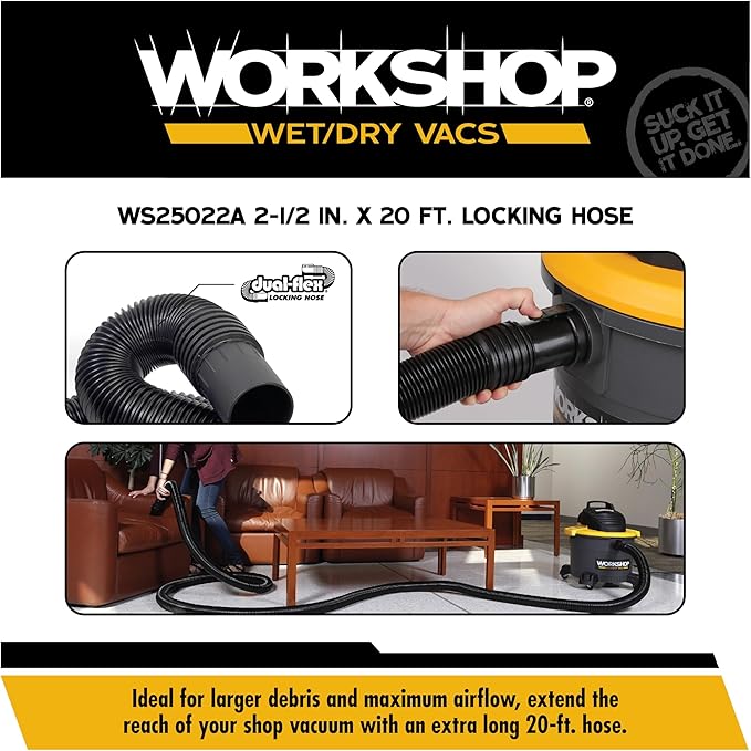 WORKSHOP Wet/Dry Vacs Shop Vacuum Accessories WS25022A Extra Long Hose Attachment, 2-1/2-inch x 20-feet Locking Hose for Wet Dry Shop Vacuum Cleaners