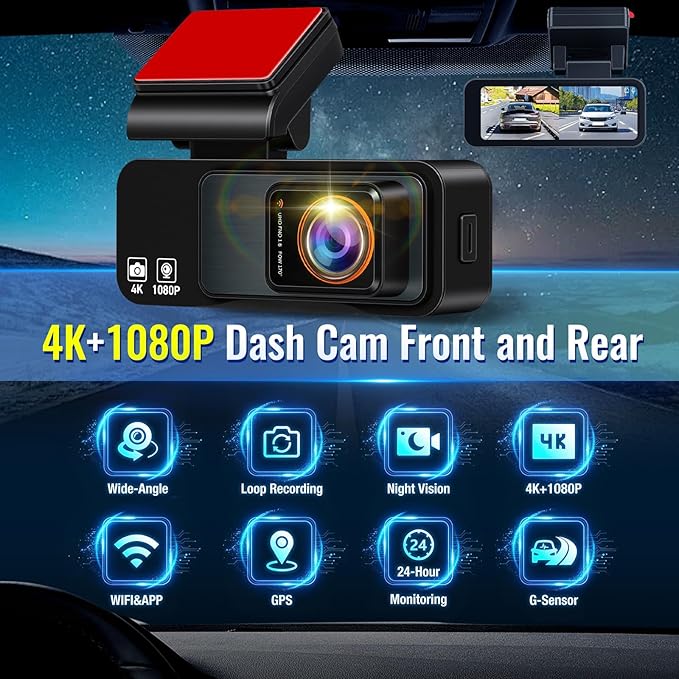 4K Dash Cam Front and Rear, NHOPEEW 3.16" Screen Dual Dash Camera for Cars with WiFi & GPS, Night Vision, 170°Wide Angle Car Dashboard Cam, G-Sensor, Loop Recording, 64GB Card Included