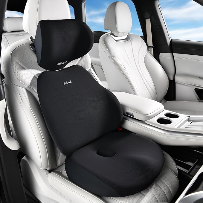 FLORICH Car Seat Cushion & Lumbar Support Pillow & Car Neck Pillow, Ergonomic Memory Foam Driving Seat Cushions for Back & Sciatica Pain Relief, Non-Slip Cushion for Car, Office Chair,Wheelchair-Black