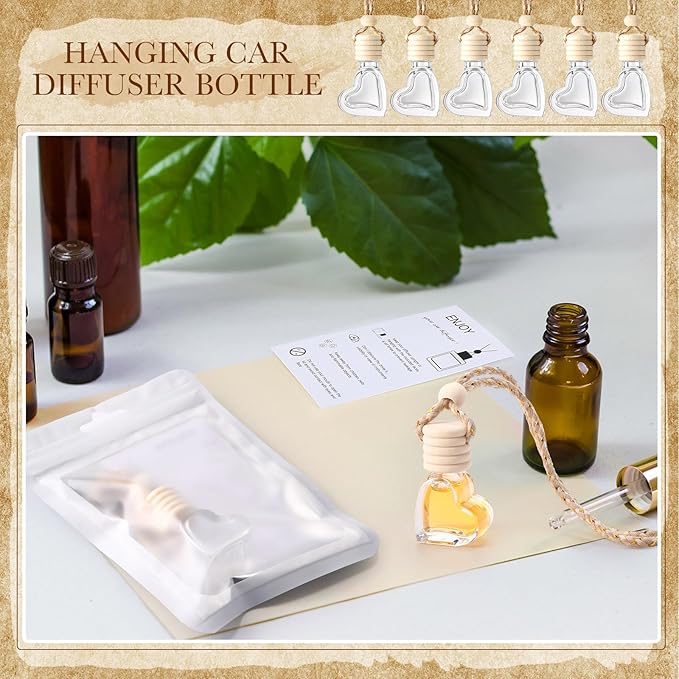 Boao 100 Sets Hanging Car Air Freshener Diffuser Bottles with Instruction Card and 4 x 6'' Resealable Holographic Bag for Empty Car Essential Oil Perfume Bottles Packaging (Heart)