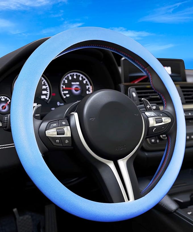 Esewalas Silicone Steering Wheel Cover, Soft Odorless Silicone Leather Texture Steering Cover, Universal 13-15 Inch Car Steering Wheel Protector (Blue)