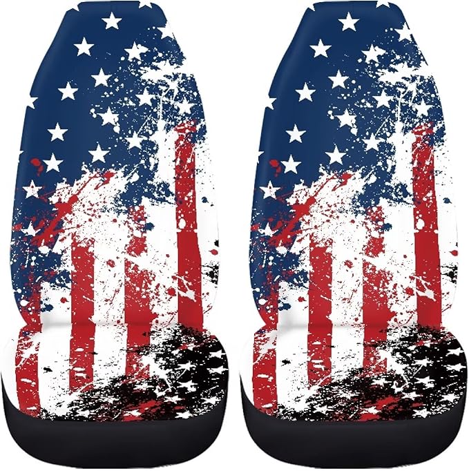 Car Seat Covers Set Front Seats Only 2 Pack Universal Fit Most Truck SUV Vans Auto Accessories Interior Cushion Protector（Creative American Flag Print 2）