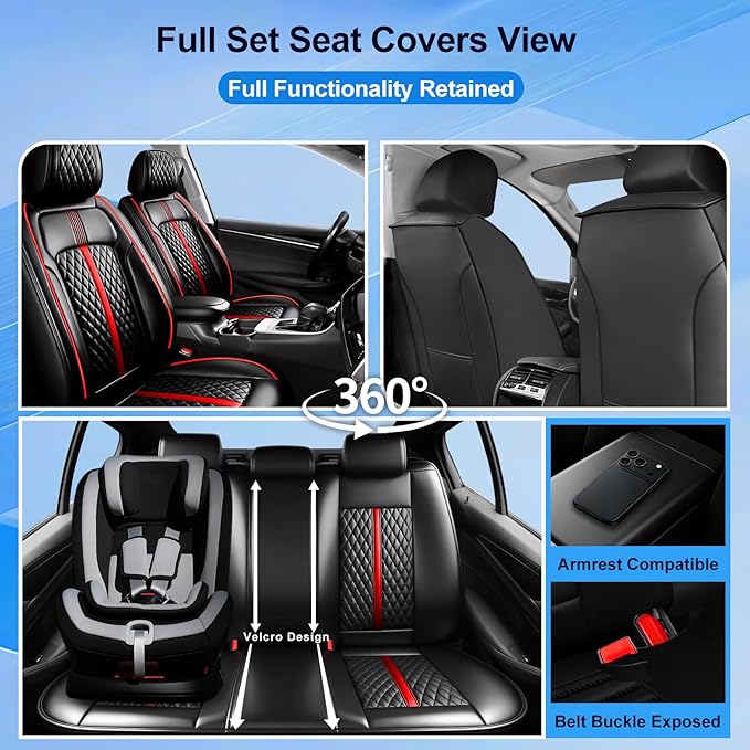 Fit HR-V Car Seat Covers for Select Honda HRV 2016-2025 2026 LX/EX/EXL/Sport - Full Coverage Leather, Waterproof & All Weather Seat Cushion Protector, Full Set, Black with Red Trim