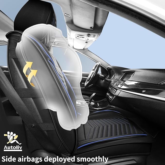 Car Seat Covers, Breathable and Waterproof Faux Leather Automotive Seat Covers, Universal Anti-Slip Driver Seat Cover for Cars SUV Pick-up Truck Sedan(5 PCS Full Set, Black + Blue)