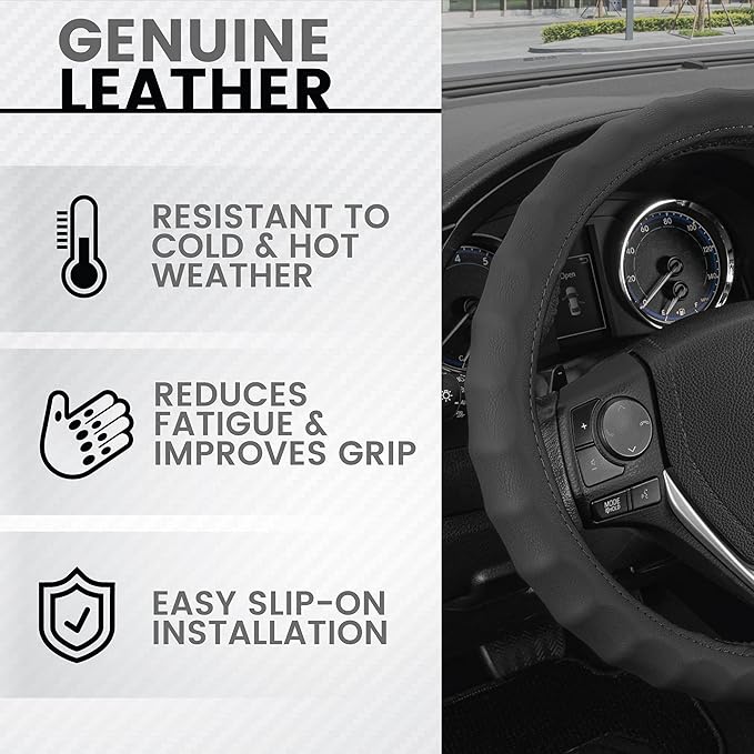 BDK Genuine Black Leather Steering Wheel Cover for Car, Small (13.5" - 14.5") – Ergonomic Comfort Grip for Men & Women, Car Steering Wheel Cover for Vehicles with Small Steering Wheels