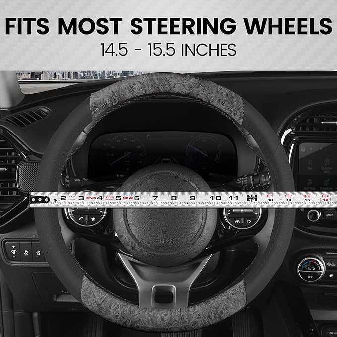 BDK BurlwoodLux Wood Grain and PU Leather Gray Steering Wheel Cover - Sport Grip for Car Auto SUV Trucks