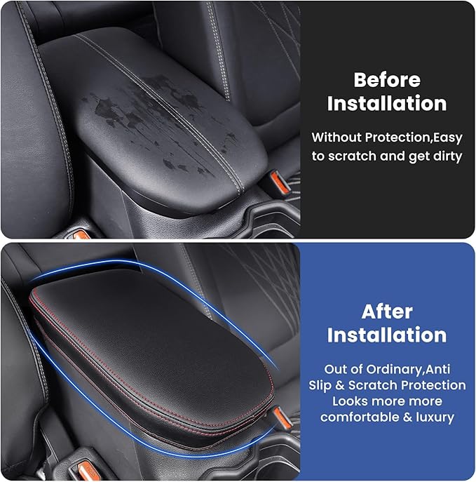 Center Console Cover for Toyota RAV4 2019-2025, Upgraded PU Leather Armrest Cover for RAV4 Adventure/Hybrid/XLE/LE/Limited/TRD Off-Road/Premium/XLE Premium (Red Stitching)