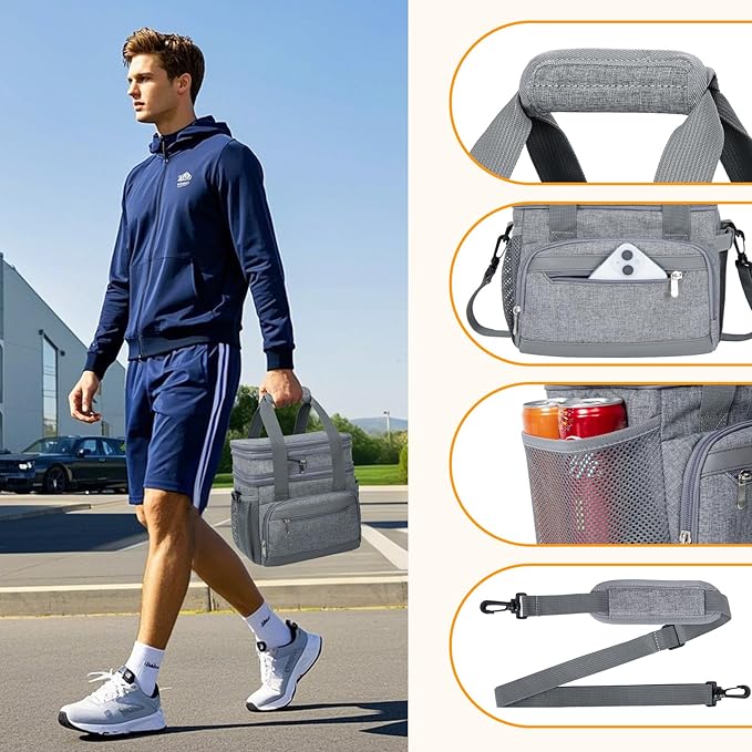 Insulated Lunch Box for Men & Women - Double Layer Leakproof Lunch Bag with Adjustable Shoulder Strap, Expandable Food Cooler for Work, Office, Travel, Camping (Grey)