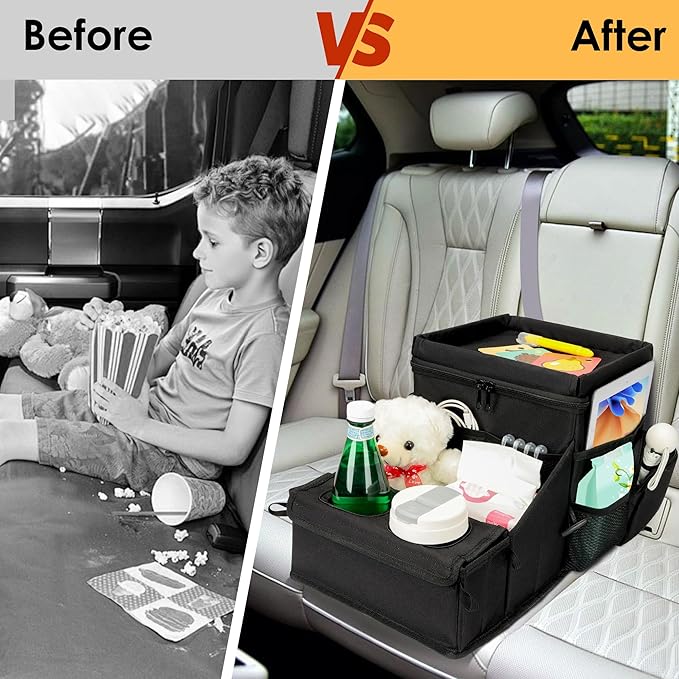 Backseat Organizer for Kids and Passenger Seat Organizer for Adults - Car Seat Cooler and Warmer with Cup Holders and Convertible Tray Lid(Black)